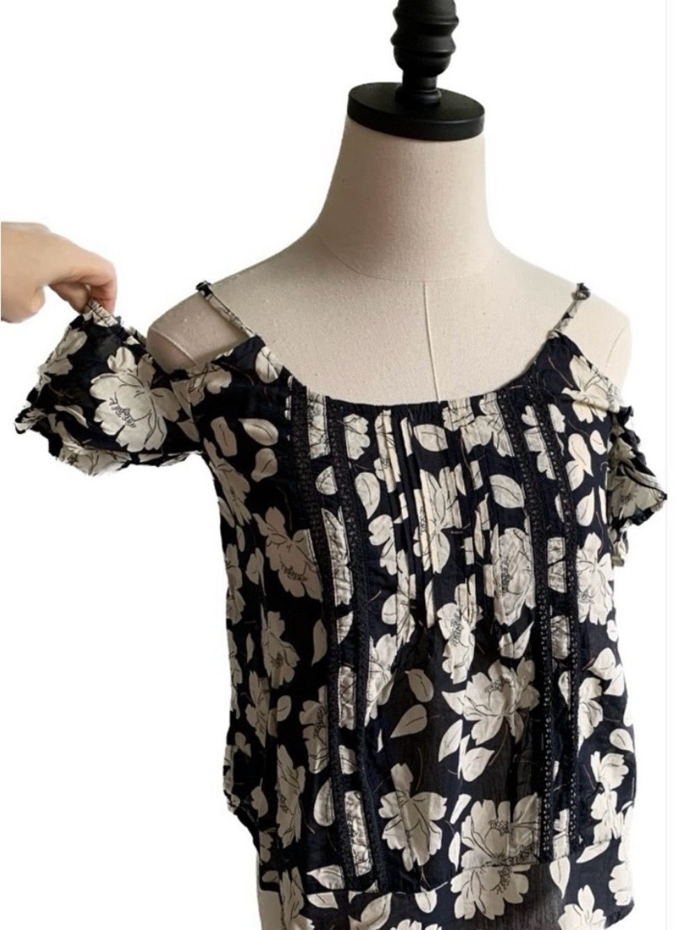Abercrombie & Fitch Floral Cotton Cold-Shoulder Blouse — Black and Cream